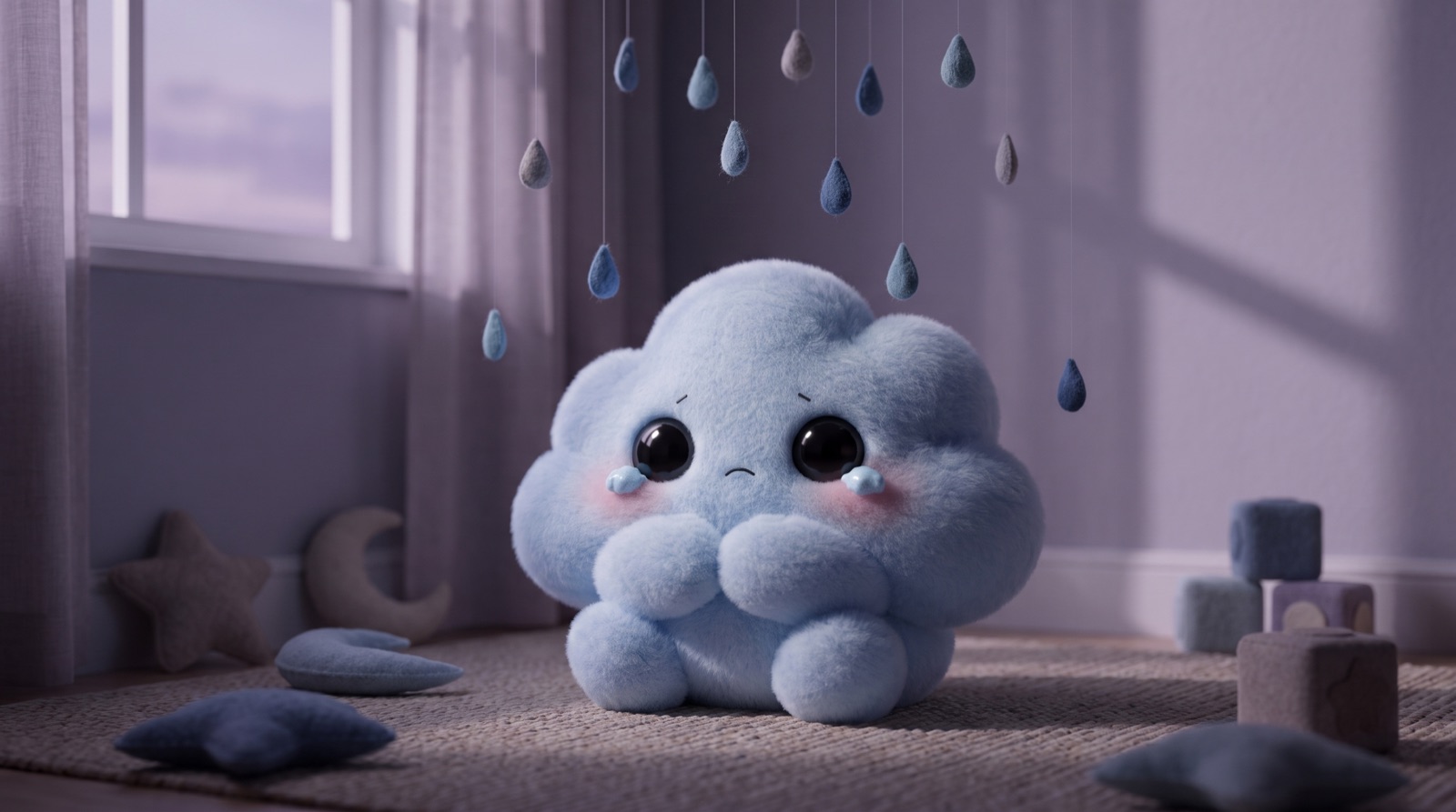 Misty the plush cloud alone in a dusk nursery