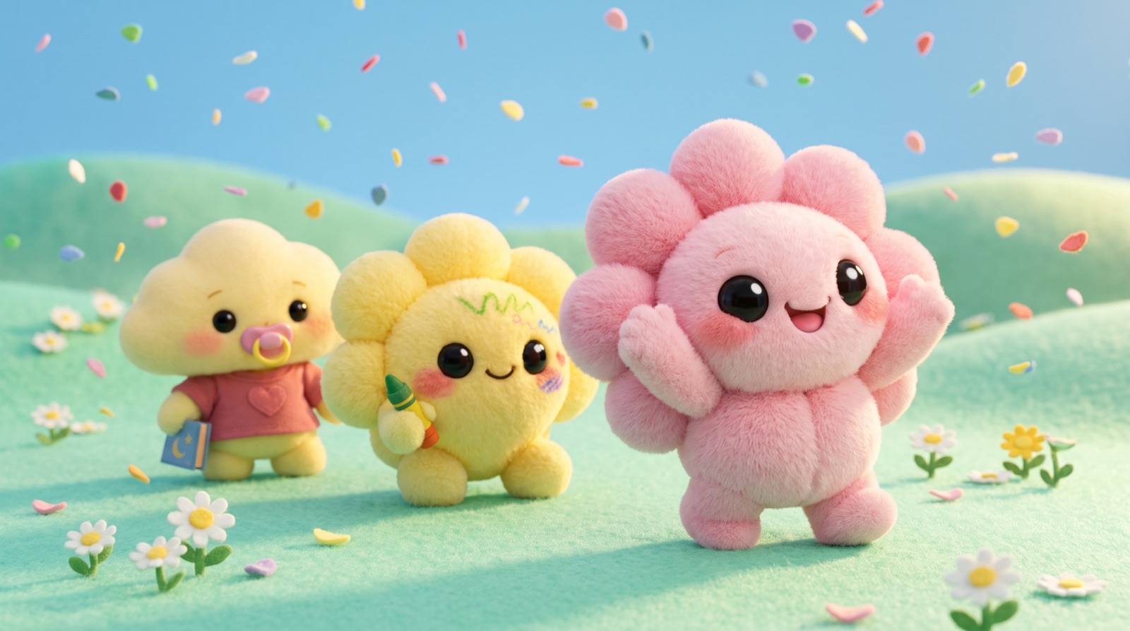 Bloom leading a parade of plush flowers