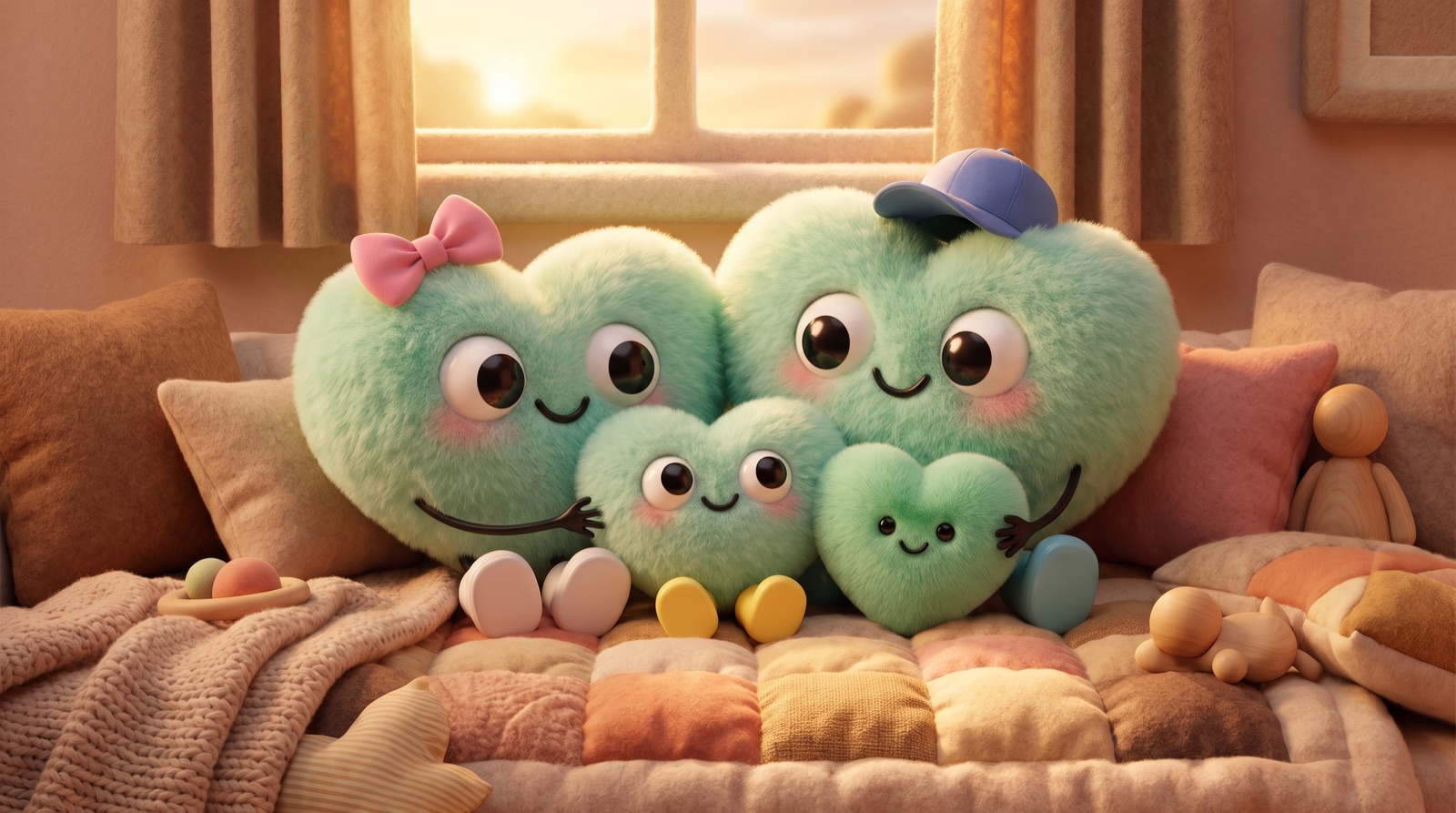 The plush heart family together in golden light